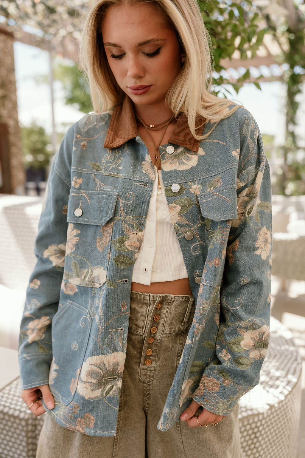 Adalyn Light Denim & Floral Jacket- close up front top view