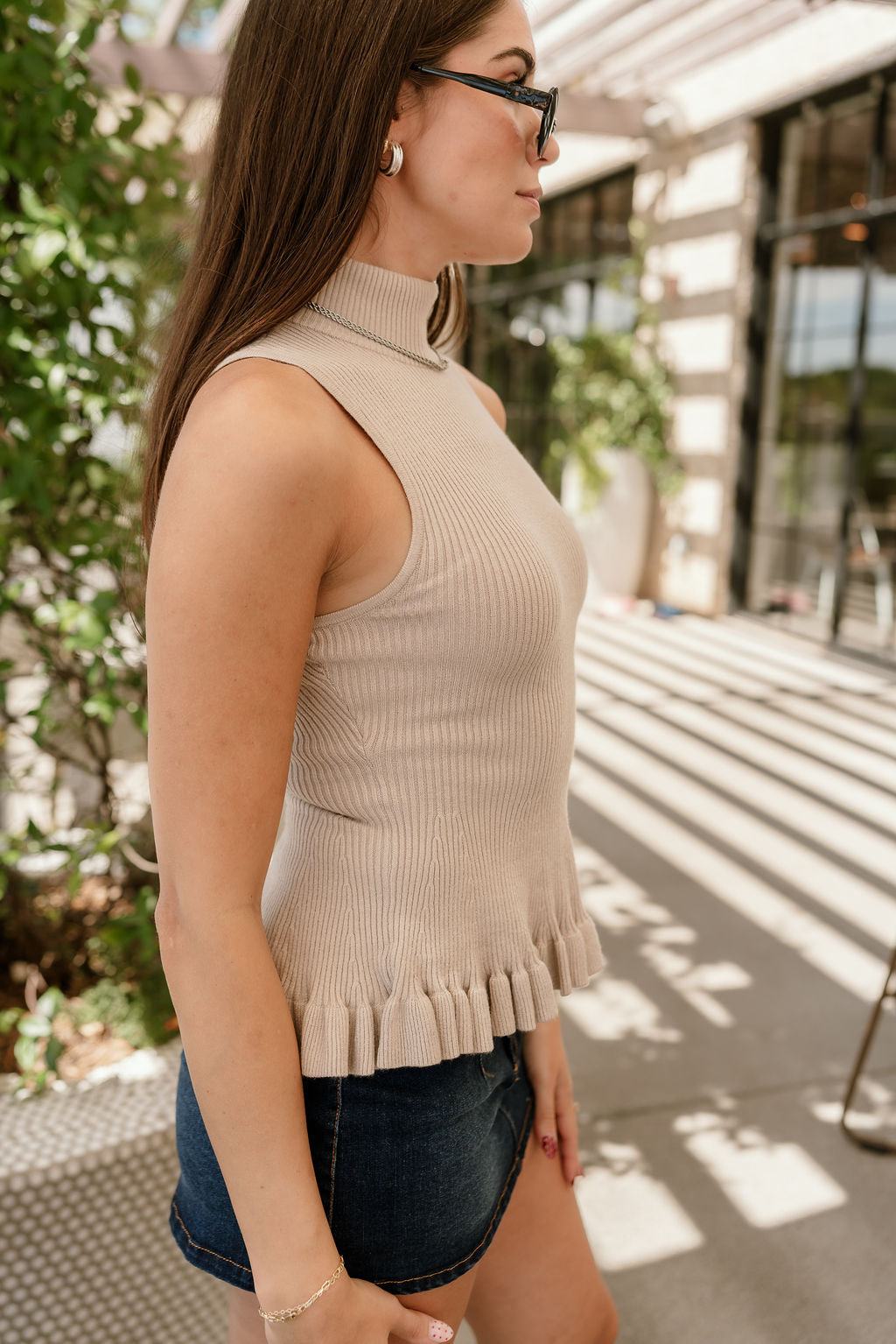 Vera Taupe Ribbed & Ruffle Tank- close up side view
