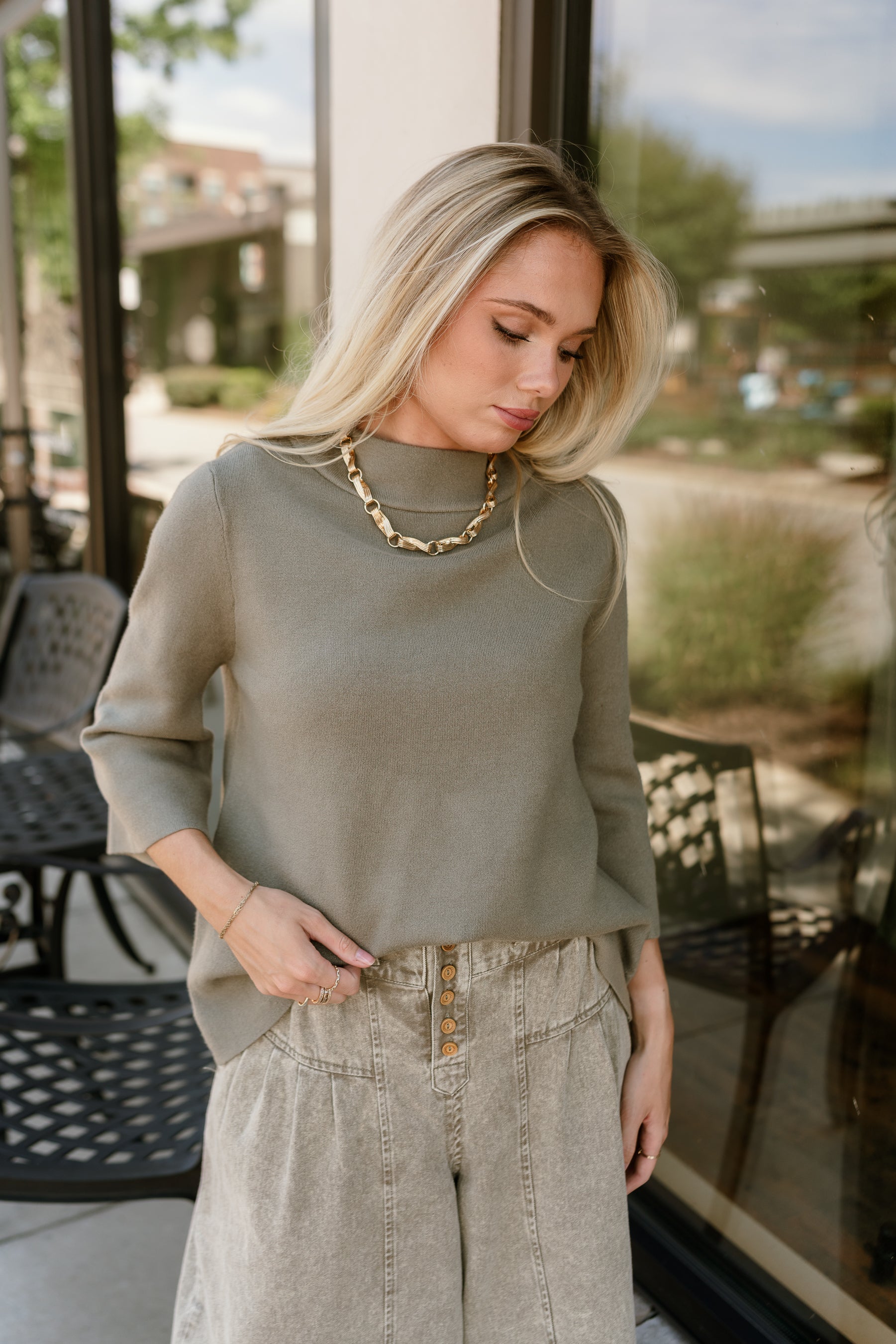 Ember Light Olive Soft Knit Sweater- front top view