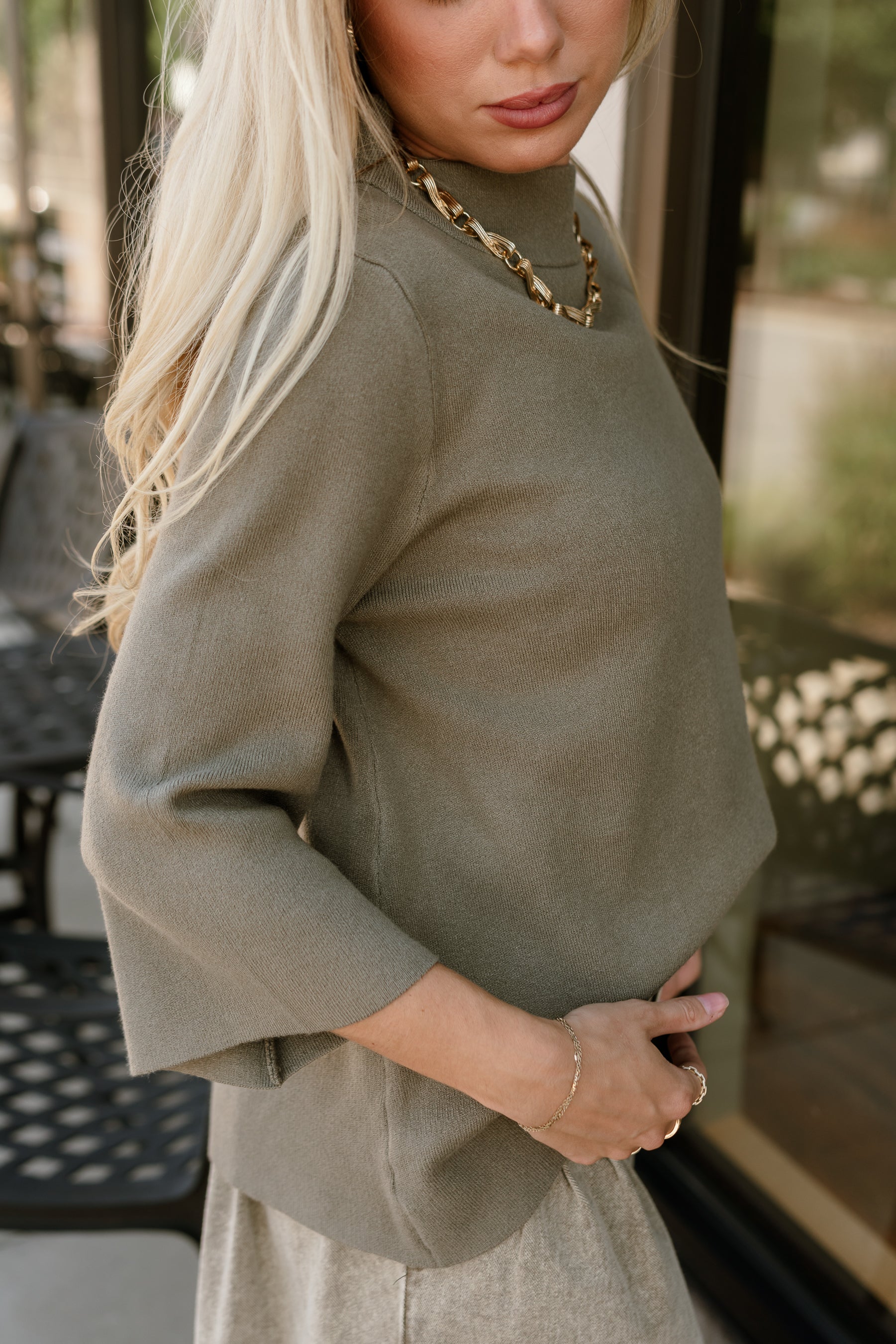 Ember Light Olive Soft Knit Sweater- close up side view