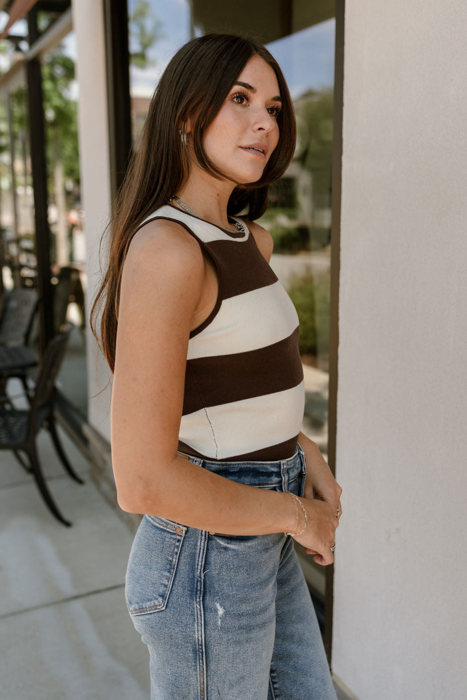 Rowyn Brown & Cream Stripe Knit Bodysuit- side view