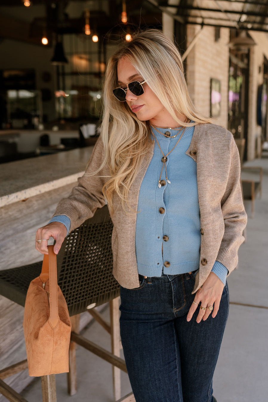 Lauren Beige & Light Blue Button-Up Cardigan- front top view