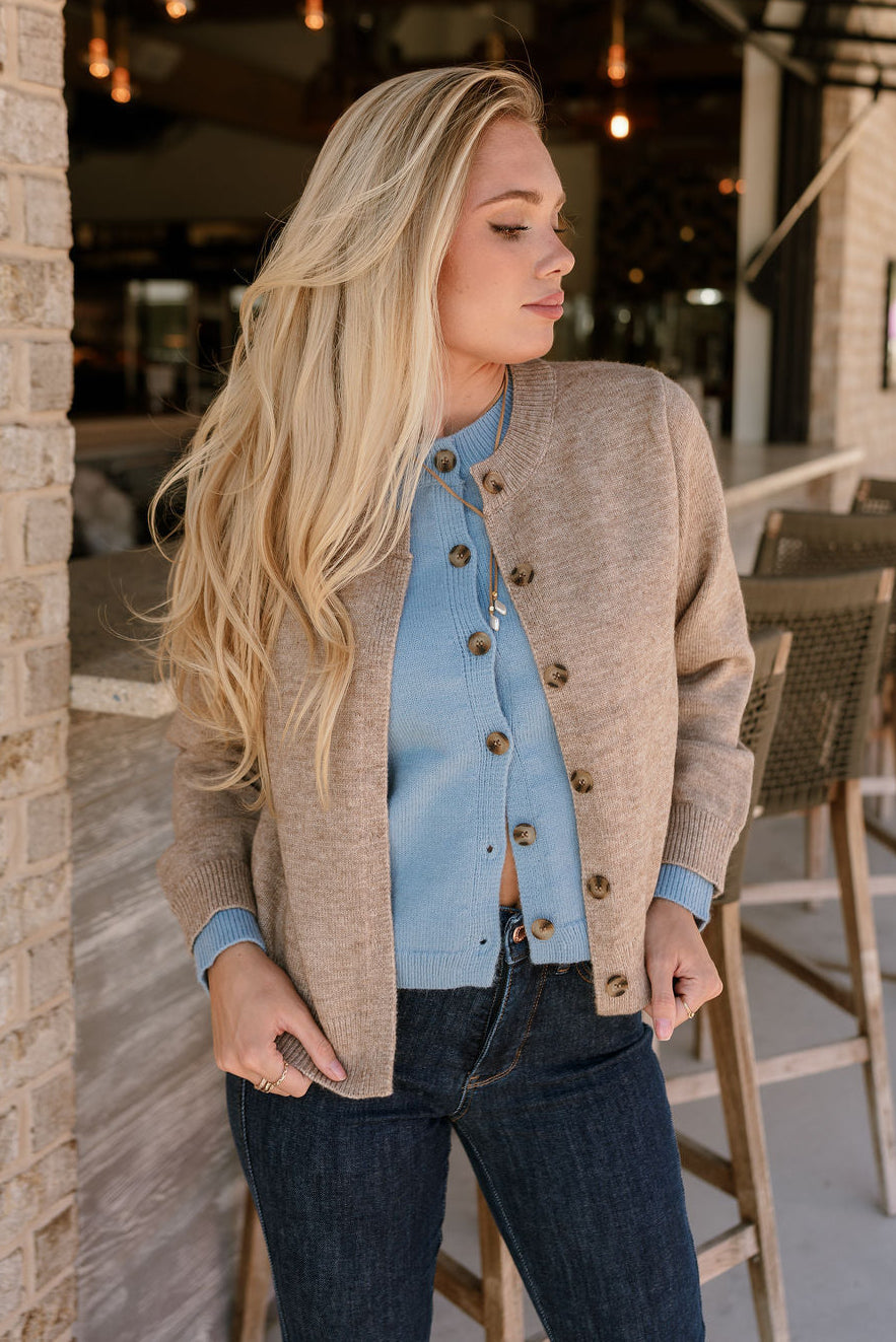 Lauren Beige & Light Blue Button-Up Cardigan- top view