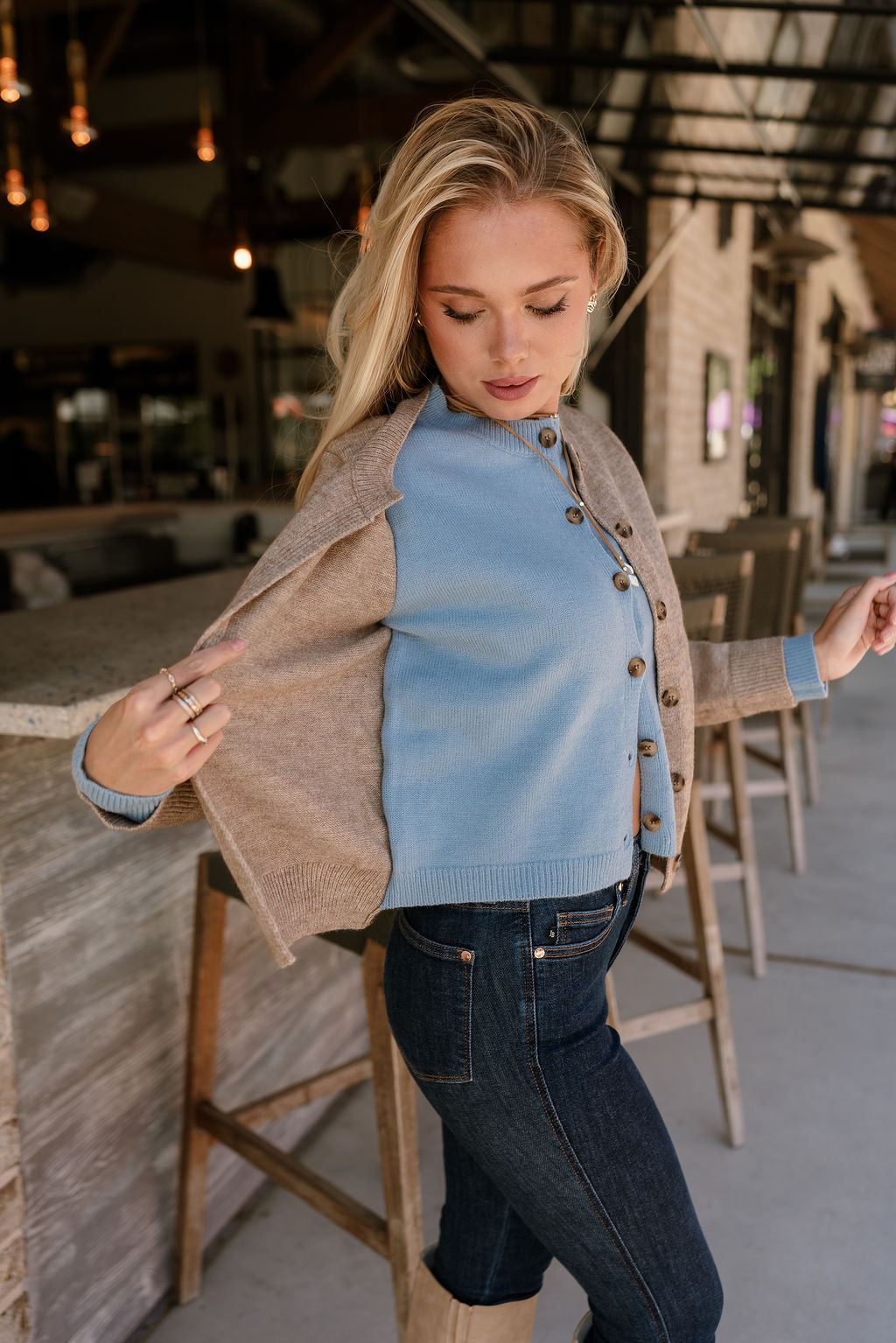 Lauren Beige & Light Blue Button-Up Cardigan- frontal side view