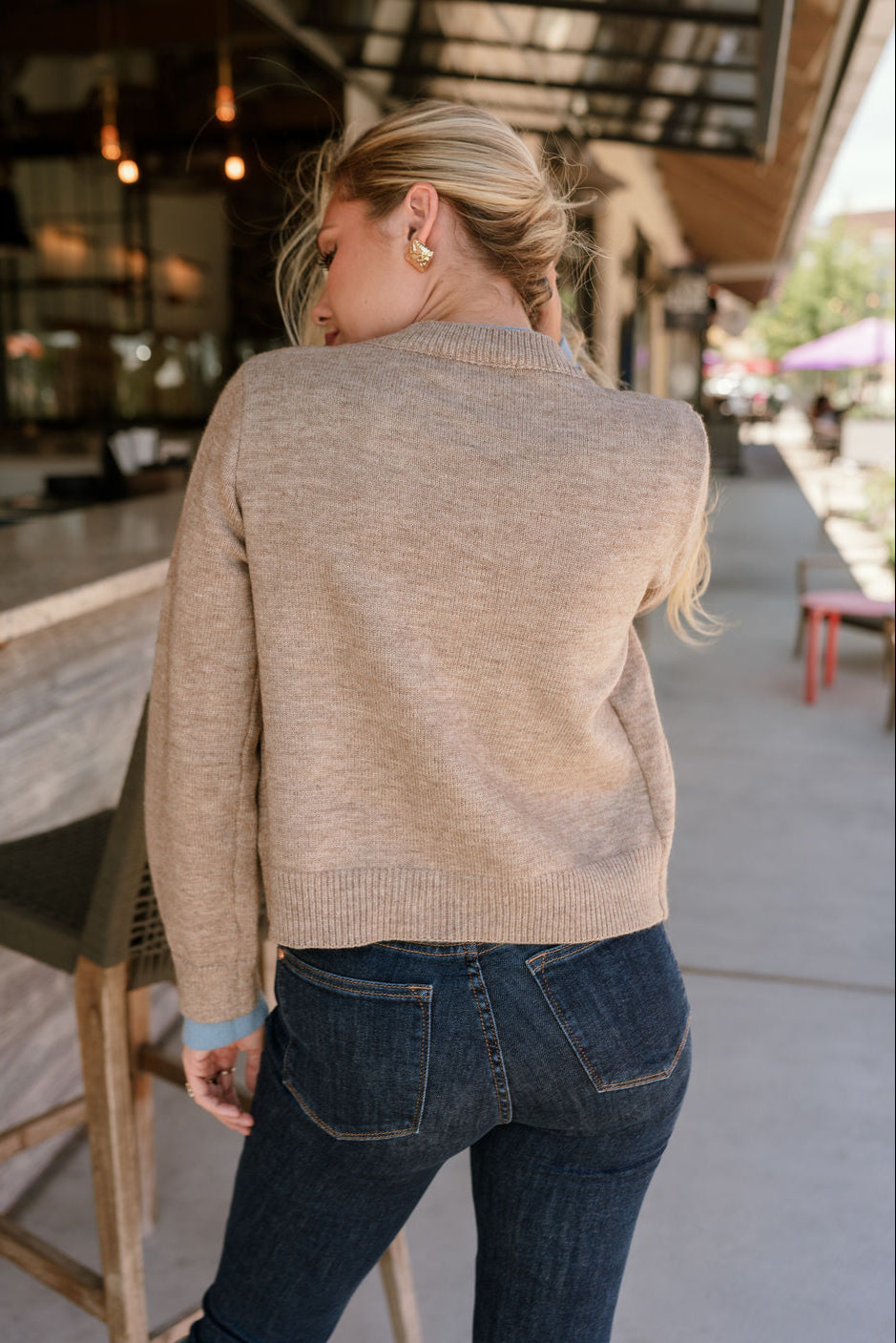 Lauren Beige & Light Blue Button-Up Cardigan- back view