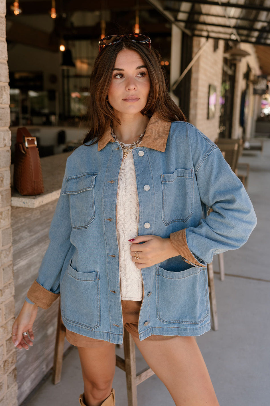 Hayden Light Denim & Brown Corduroy Barn Jacket- top view
