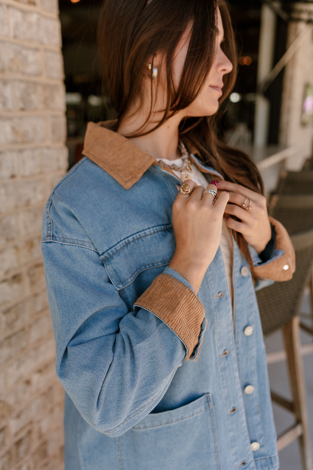 Hayden Light Denim & Brown Corduroy Barn Jacket- frontal top close up view