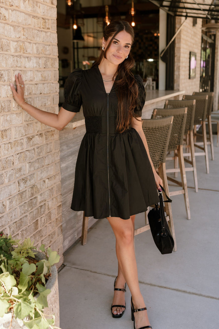 Charlee Black Zip-Up Flare Mini Dress- full body view