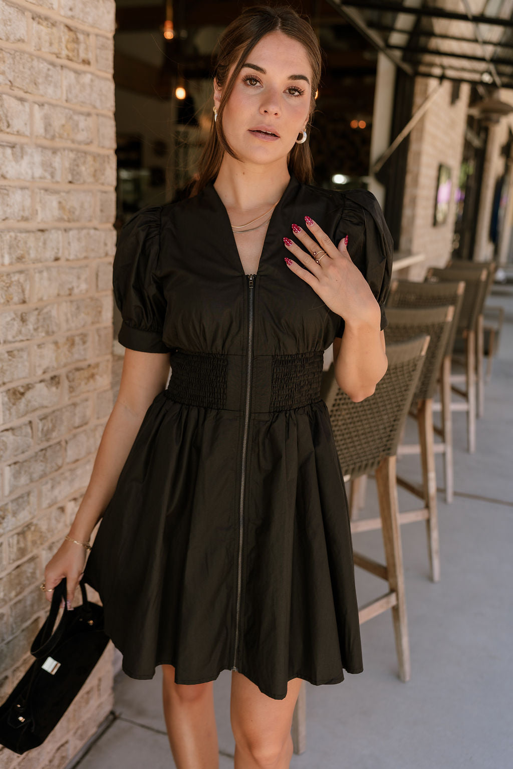 Charlee Black Zip-Up Flare Mini Dress- top view