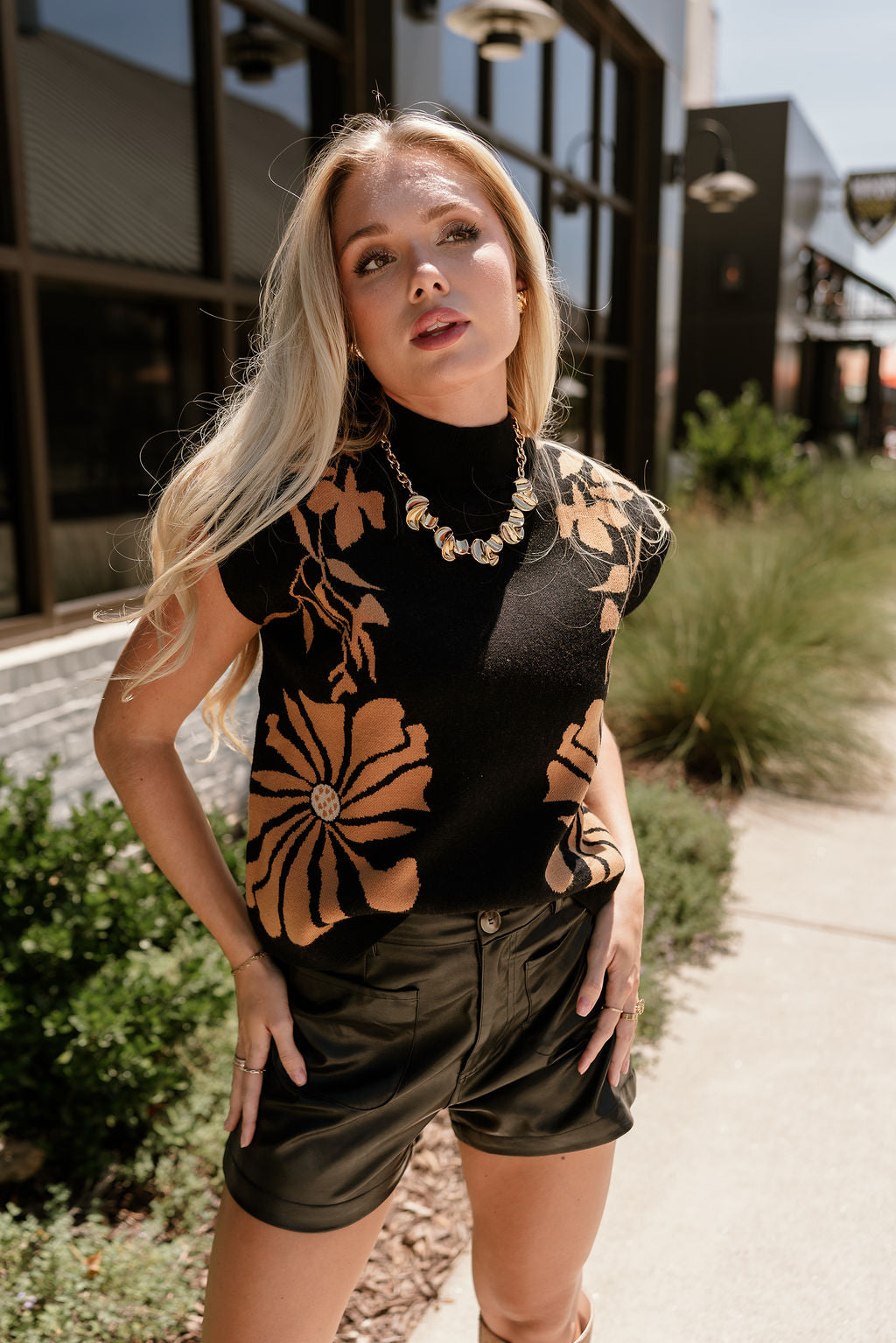 Alexis Black & Camel Floral Knit Sleeveless Top- front view