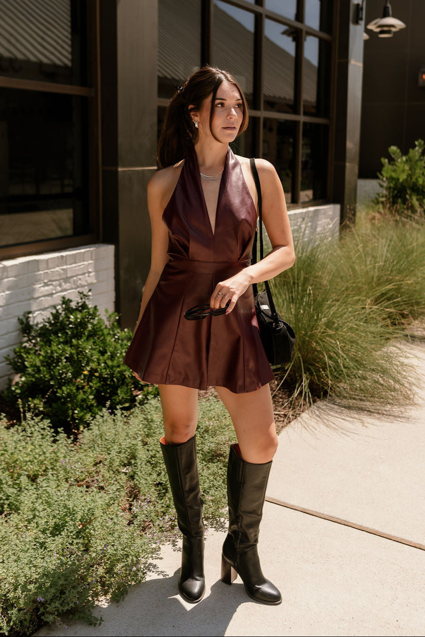 Everlee Burgundy Faux Leather Halter Romper- full body view