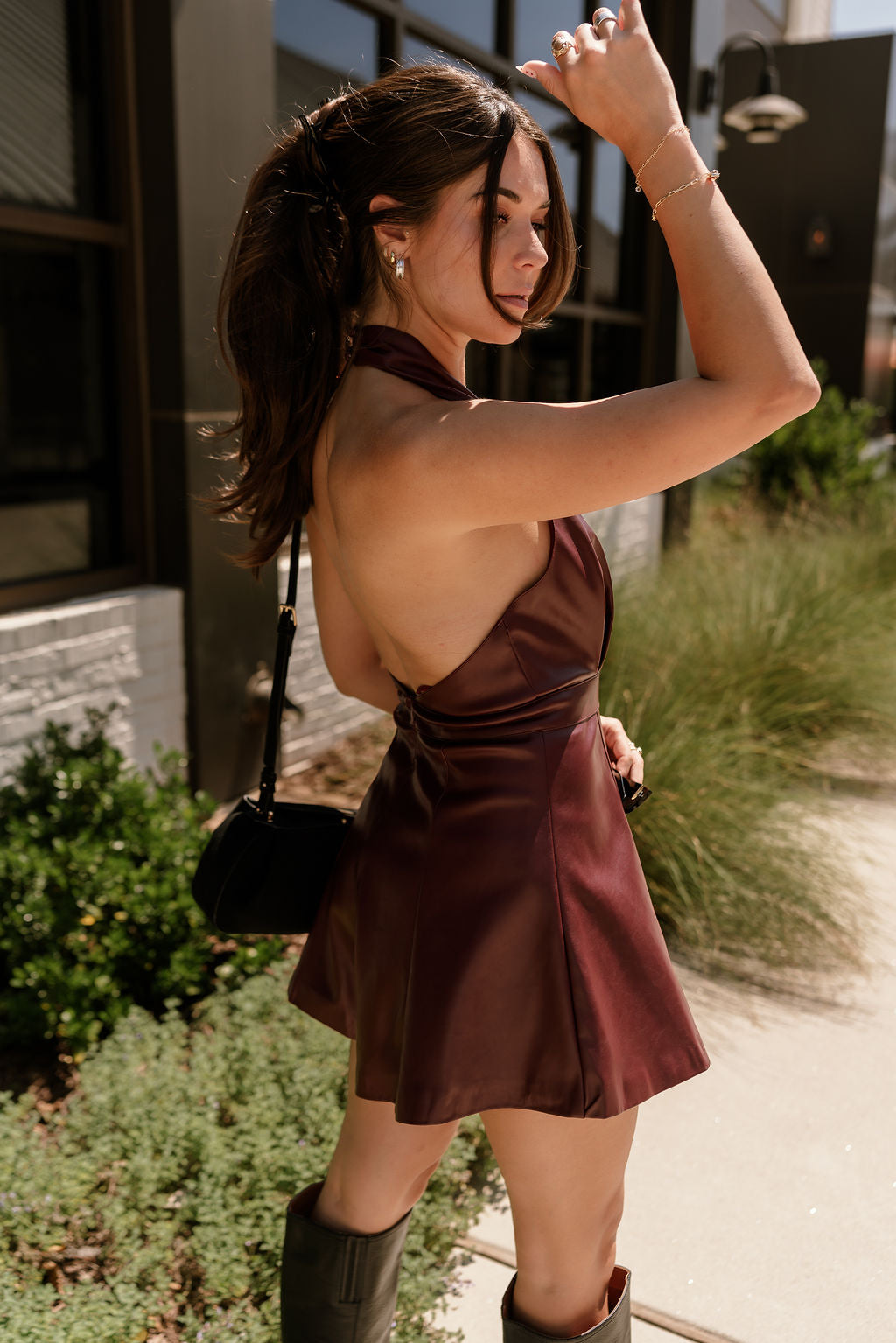 Everlee Burgundy Faux Leather Halter Romper- side view
