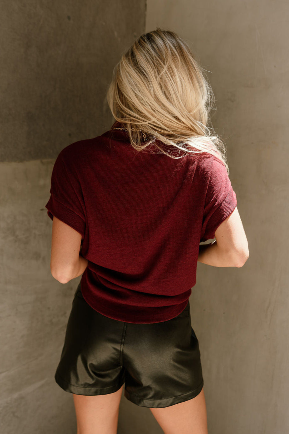 Angelina Burgundy Mock Neck Top- back top view