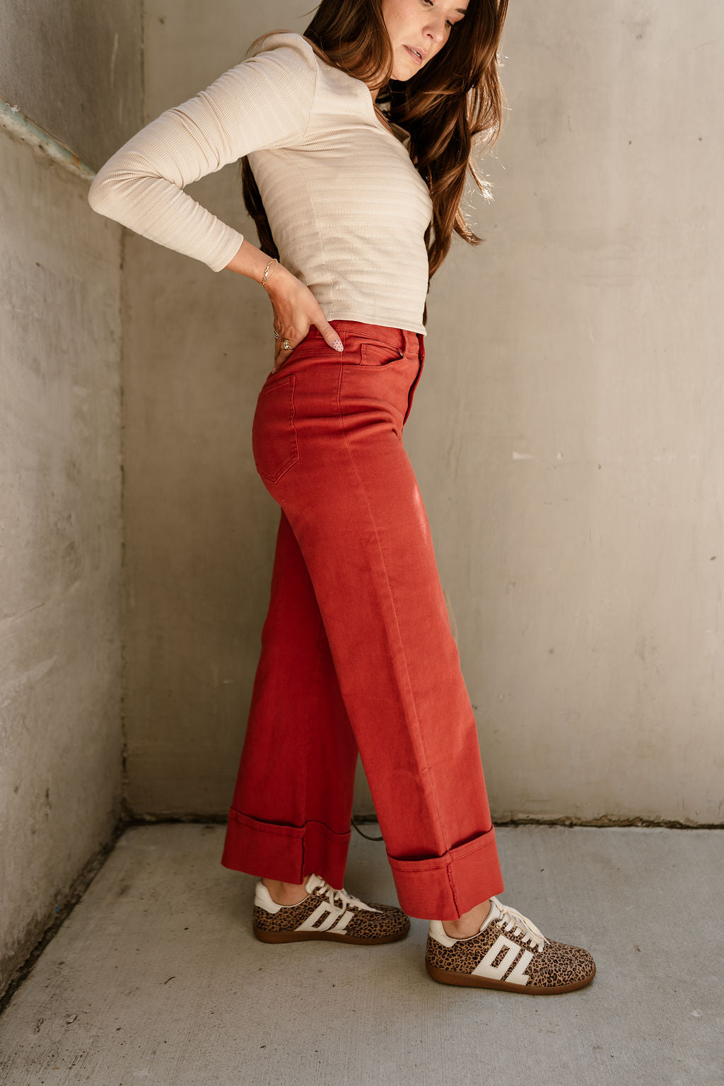 Serena Rust Wide Leg Cuffed Pant- side view