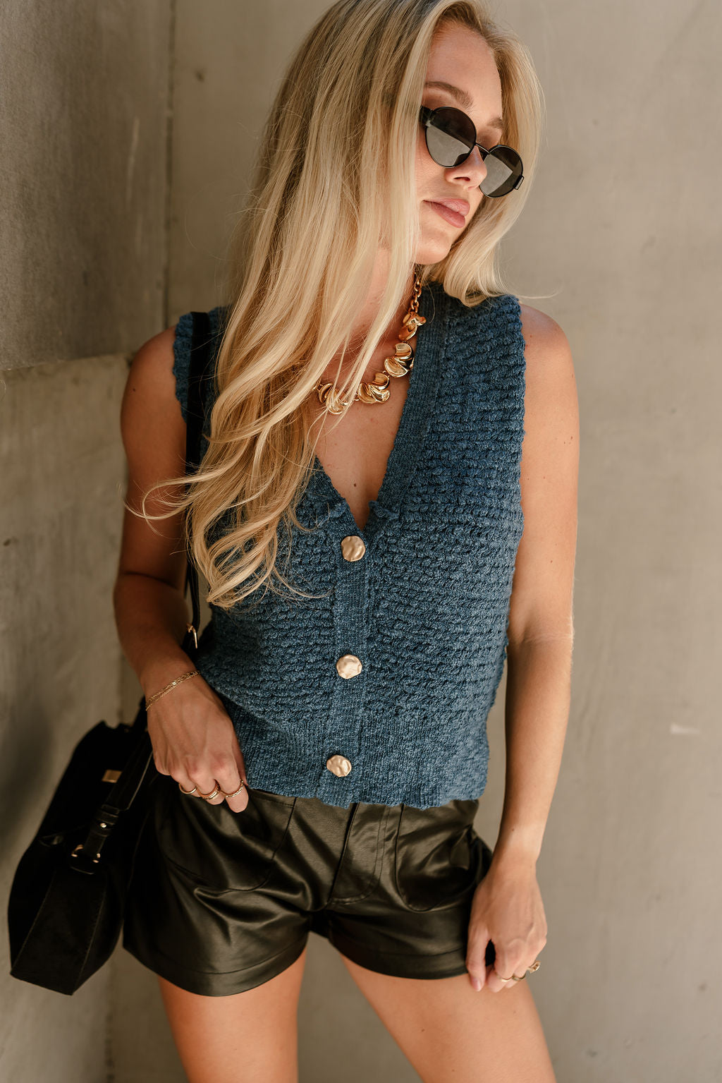 Leila Blue & Gold Buttons Knit Vest- front view