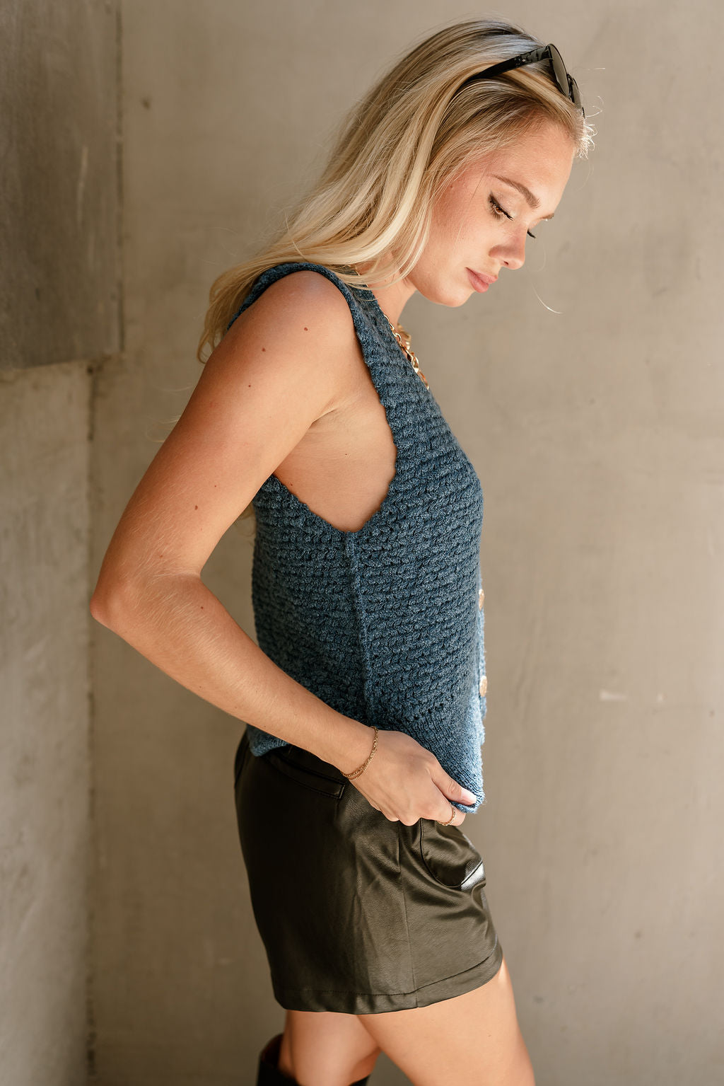 Leila Blue & Gold Buttons Knit Vest- close up side view