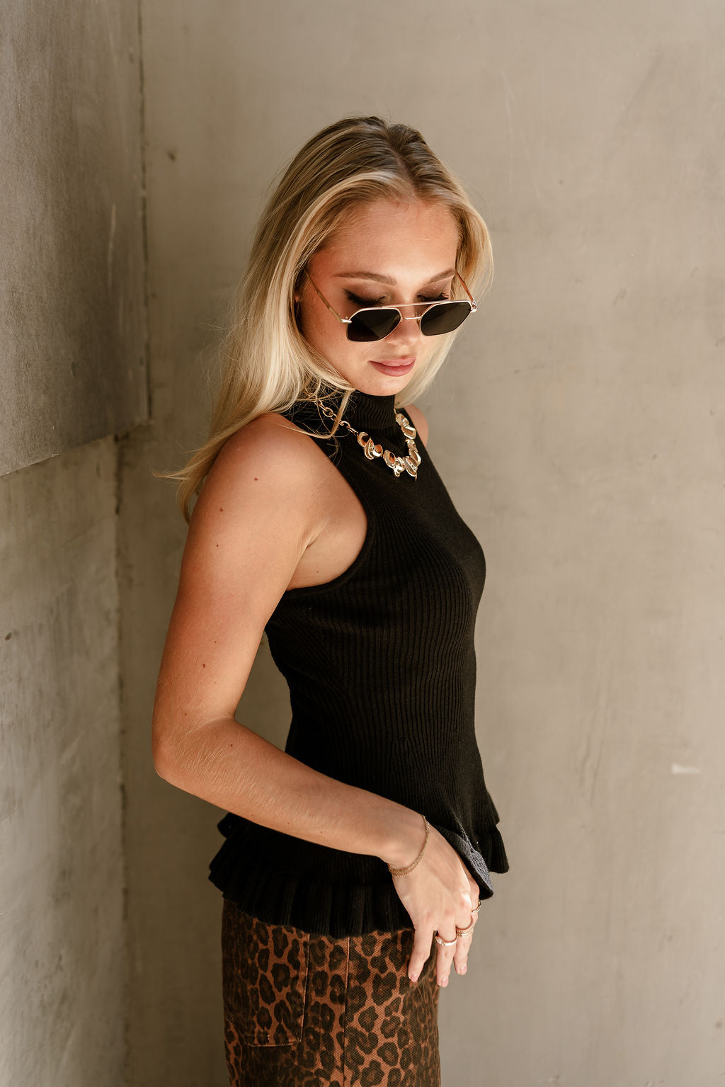 Vera Black Ribbed & Ruffle Tank- side view