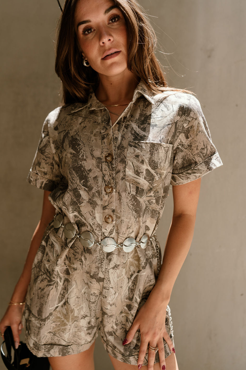 Emelia Light Camo Short Sleeve Romper- close up front view