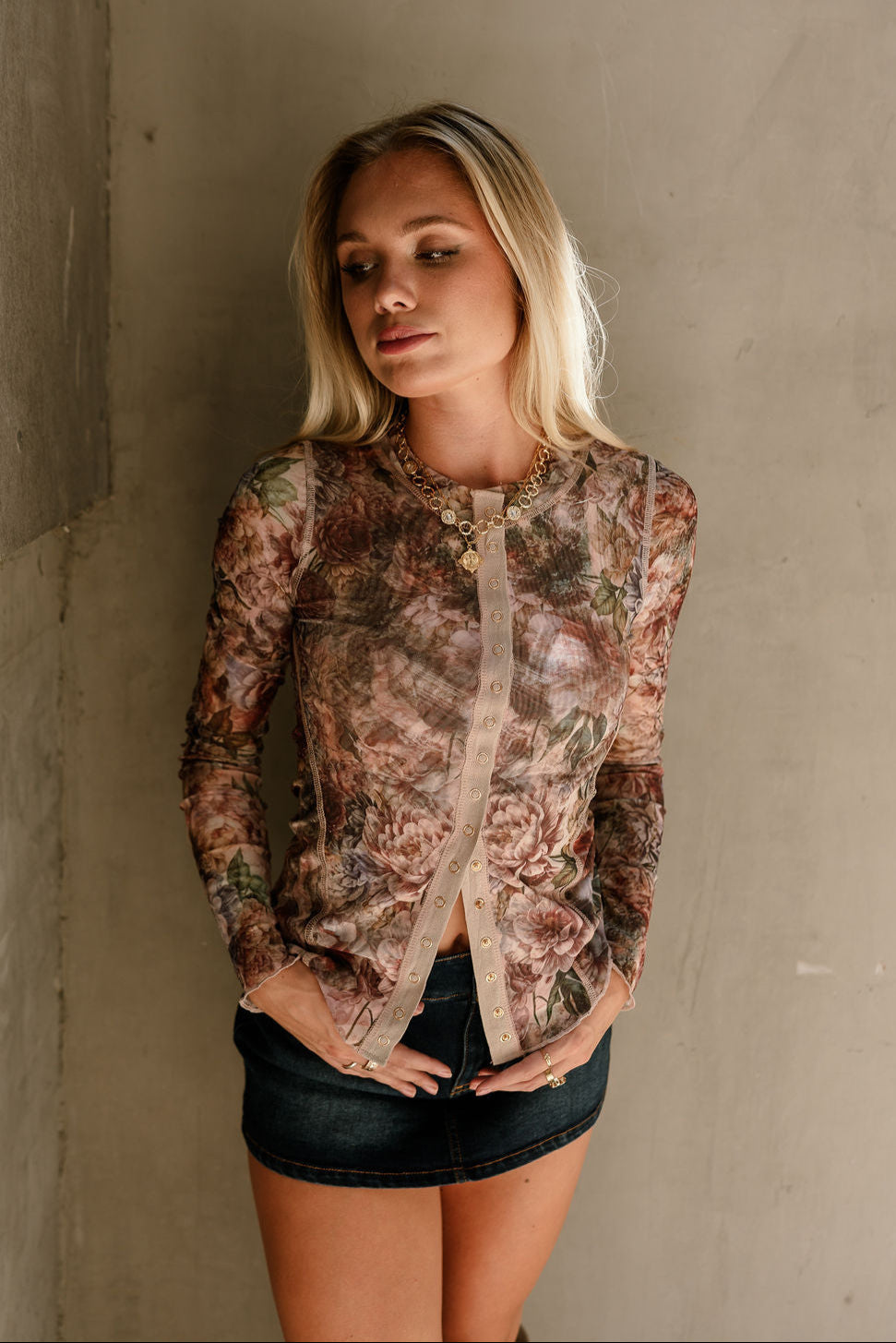 Ari Brown Multi Floral Mesh Top- close up front view