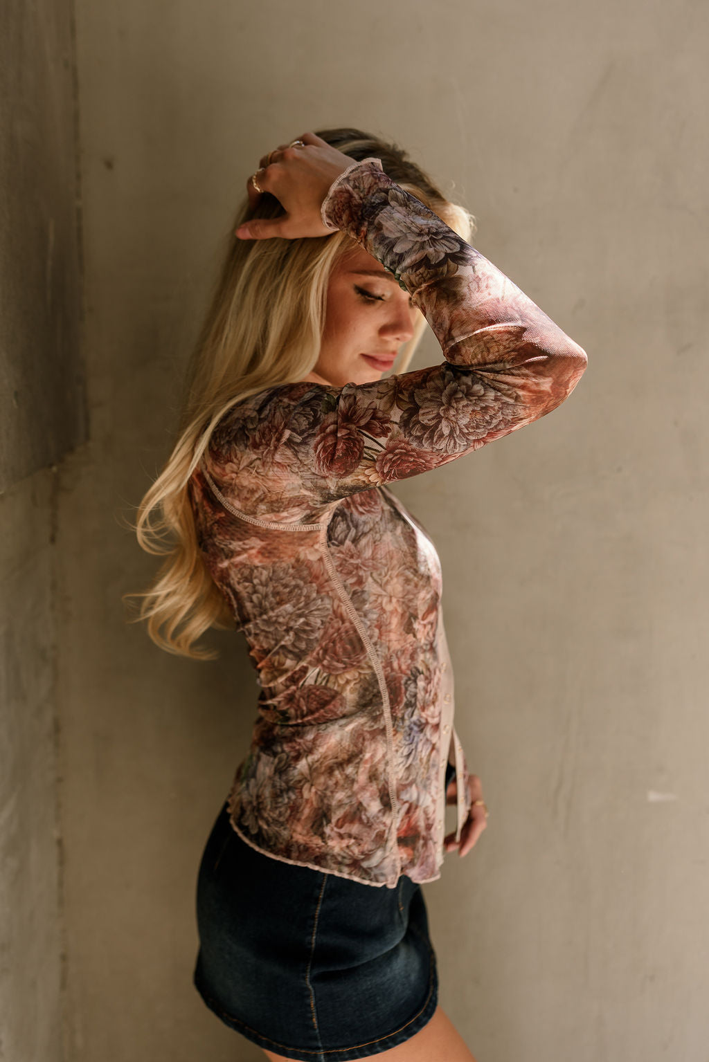 Ari Brown Multi Floral Mesh Top- full side view