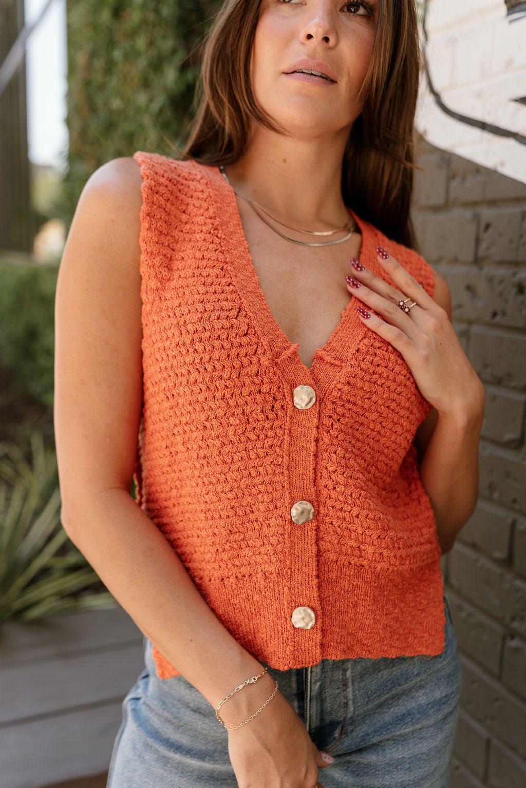 Leila Orange & Gold Buttons Knit Vest- close up front view
