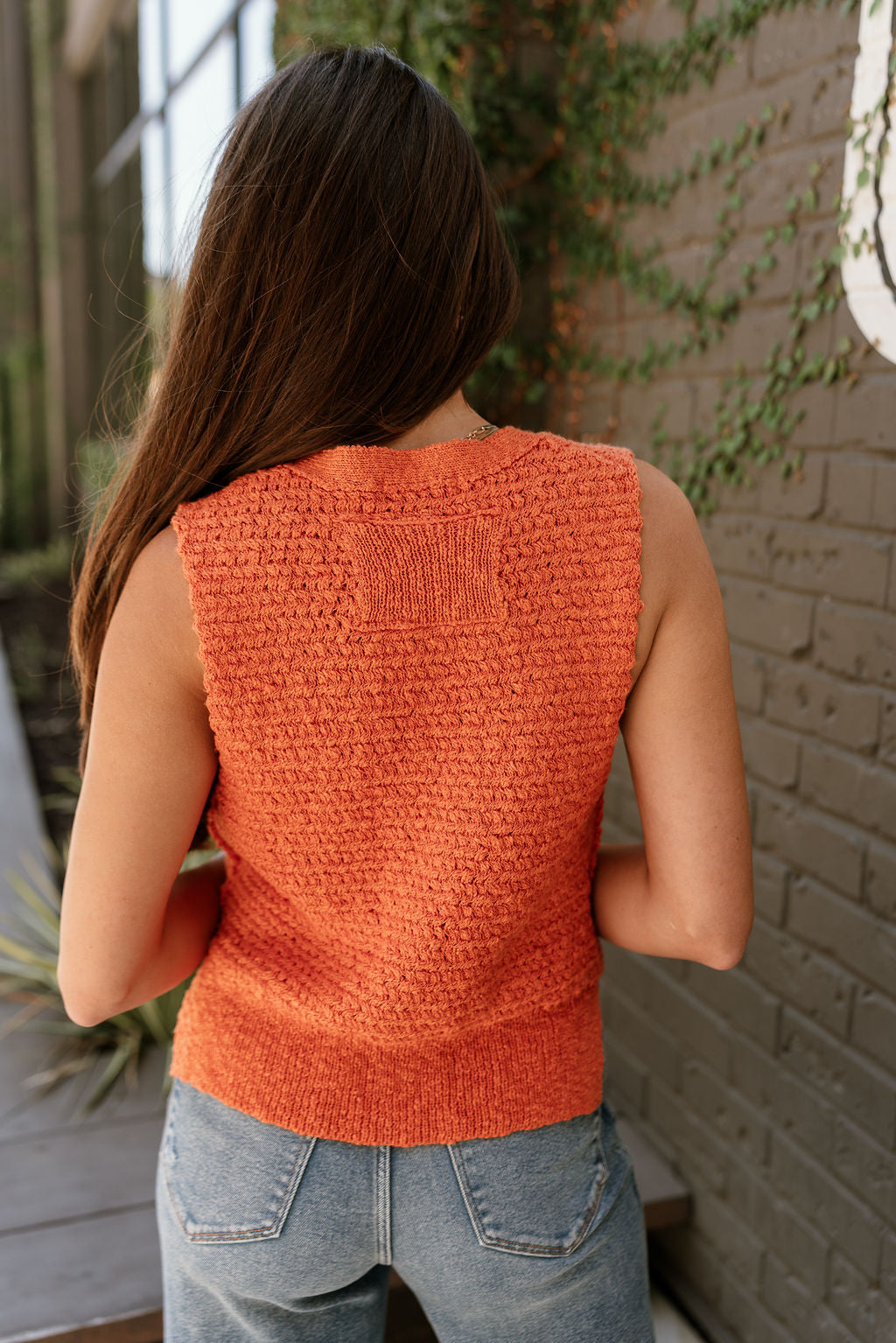 Leila Orange & Gold Buttons Knit Vest- back view