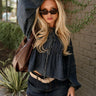 Lena Dark Denim Pleated Flare Long Sleeve Top- front top view