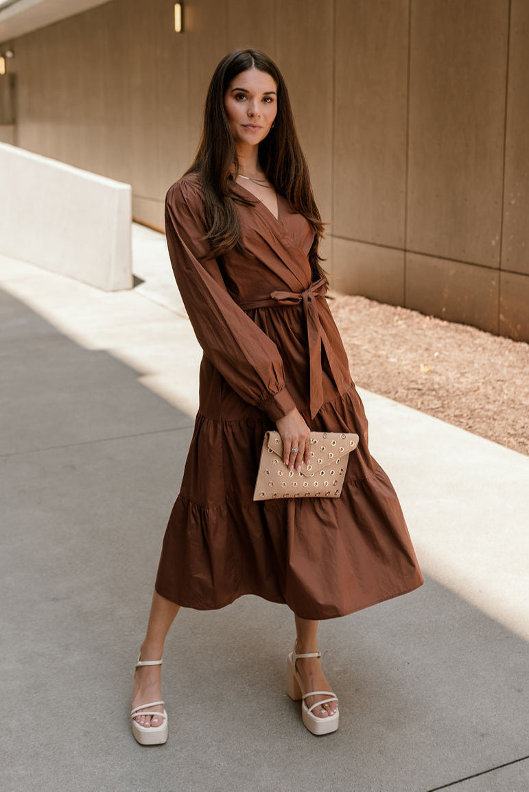 Adeline Brown Long Sleeve Midi Dress - full body front view