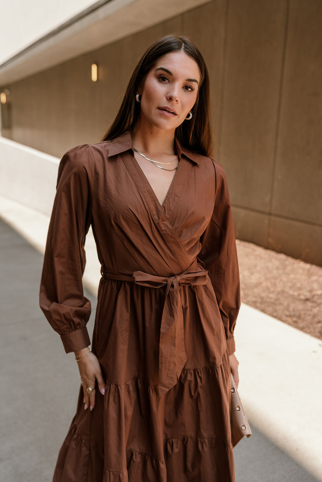 Adeline Brown Long Sleeve Midi Dress - upper body front view