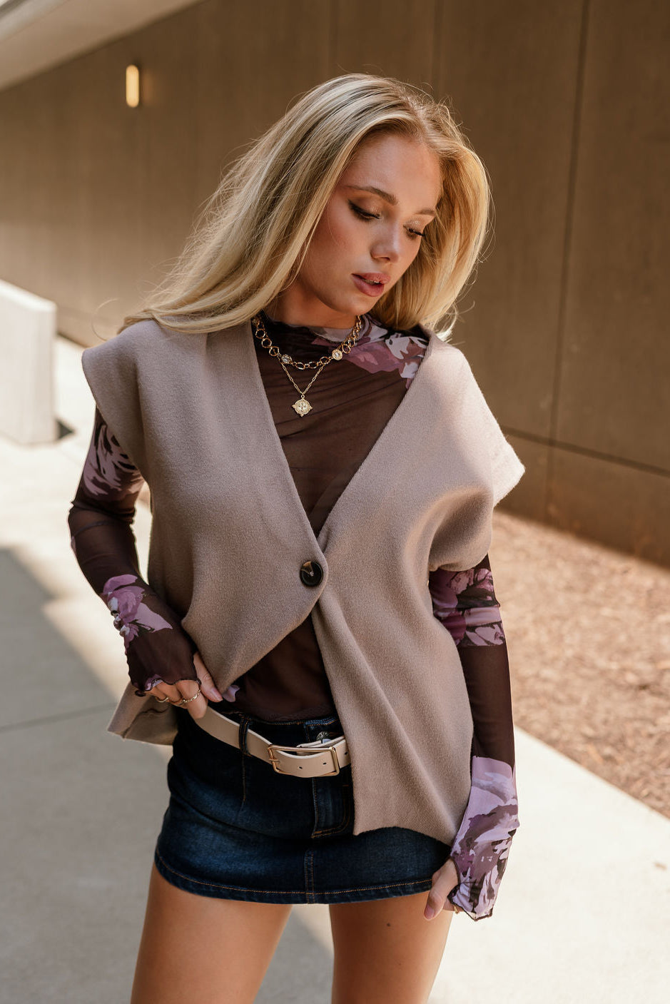 Bethany Mocha Sleeveless Split Hem Cardigan - front view