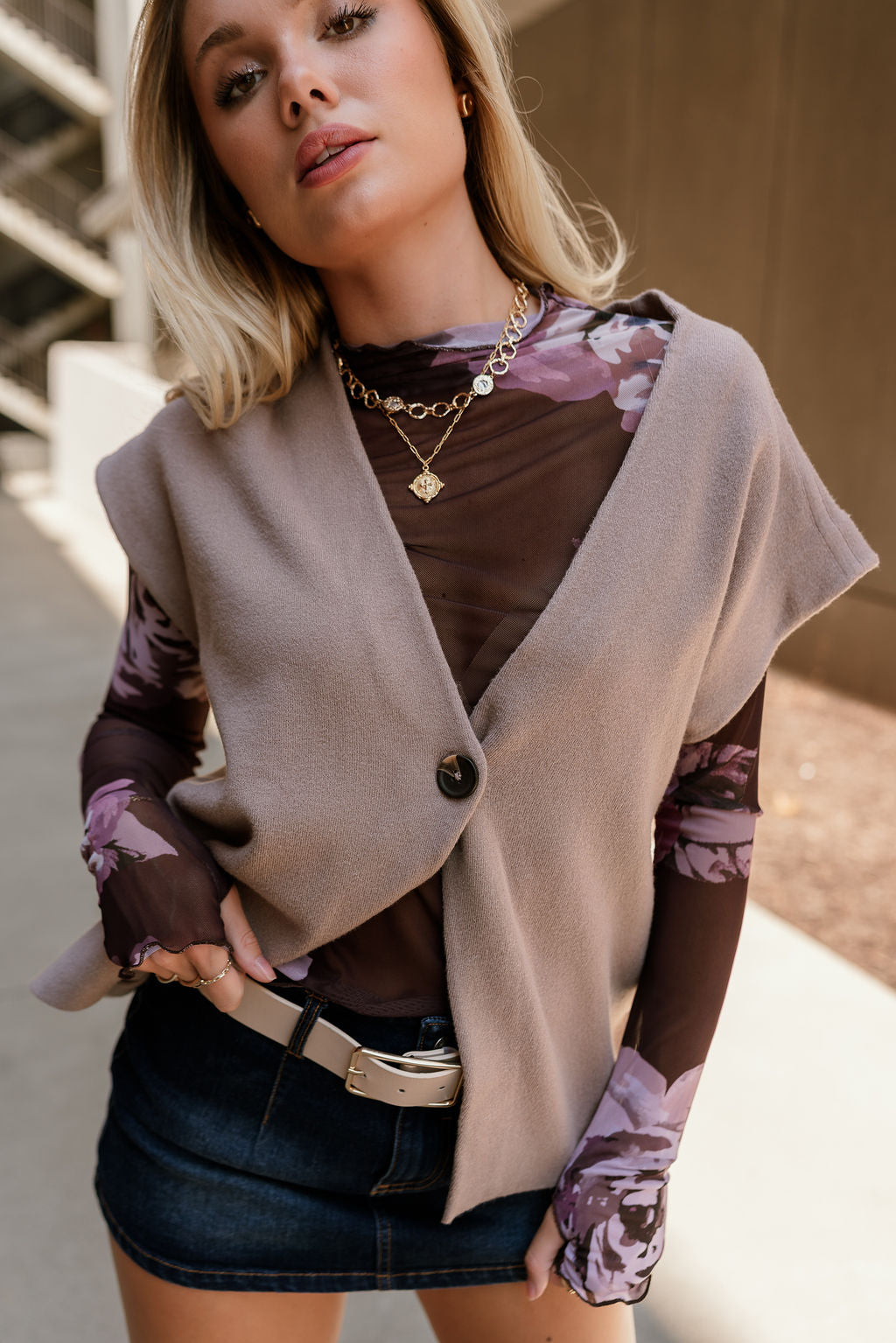 Raven Purple Floral Mesh Long Sleeve Top - front view (arms up)