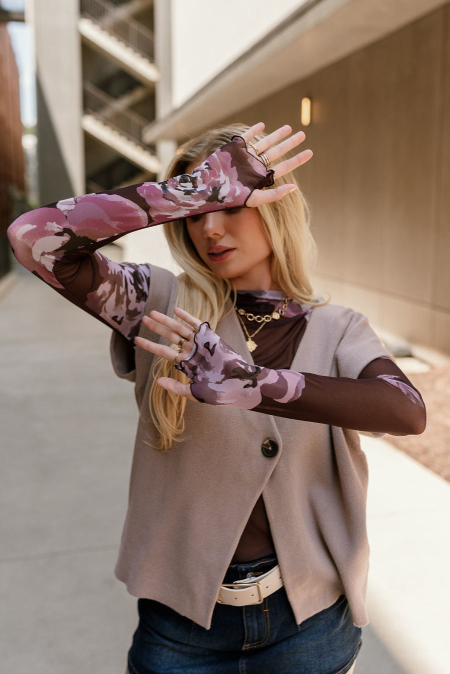 Raven Purple Floral Mesh Long Sleeve Top - front view (arms up)