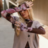 Raven Purple Floral Mesh Long Sleeve Top - front view (arms up)