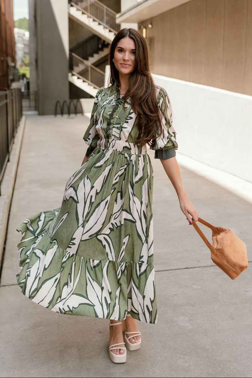 Lexi Green & Cream Floral Midi Dress - full body front view