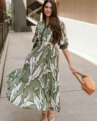 Lexi Green & Cream Floral Midi Dress - full body front view