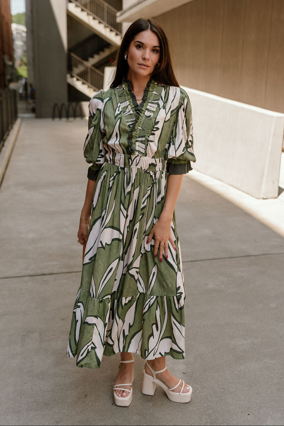 Lexi Green & Cream Floral Midi Dress - full front view