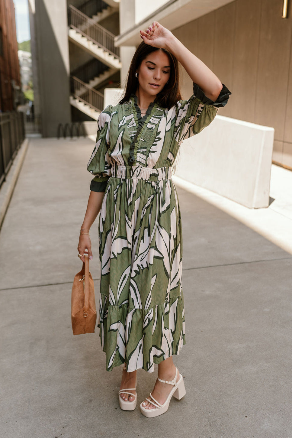 Lexi Green & Cream Floral Midi Dress - full body frontal/side view