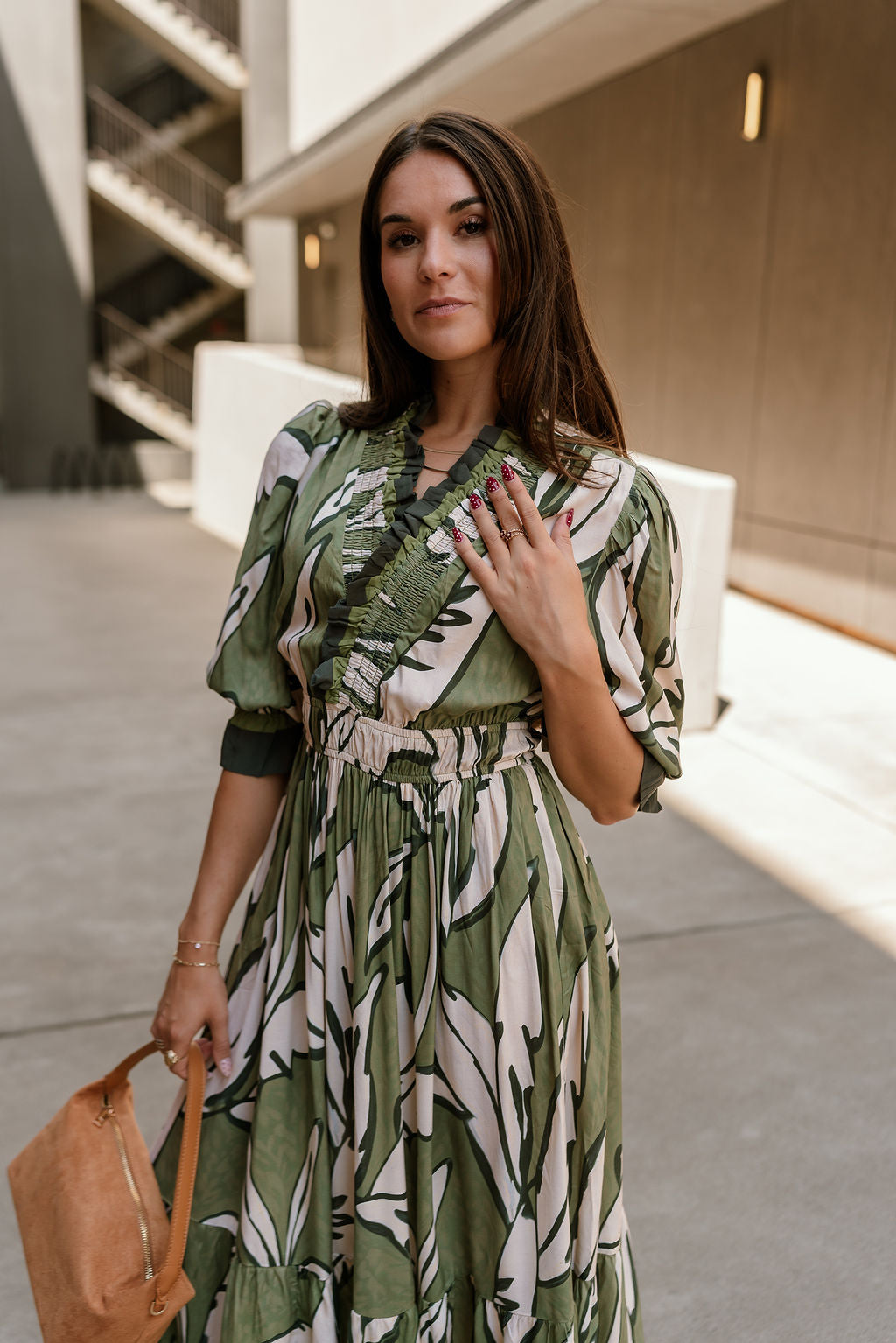 Lexi Green & Cream Floral Midi Dress - upper body front view