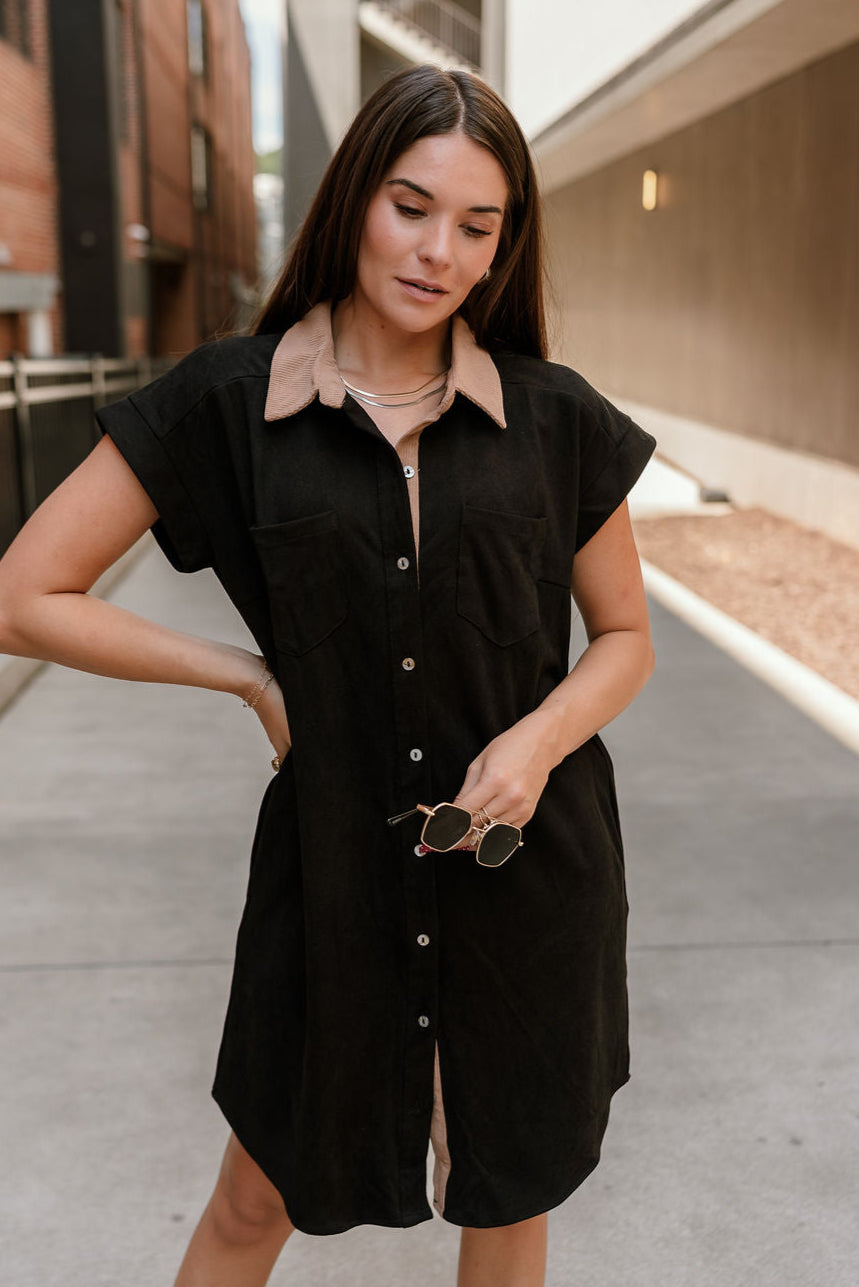 Rachelle Black Twill Suede Contrast Mini Dress - front 