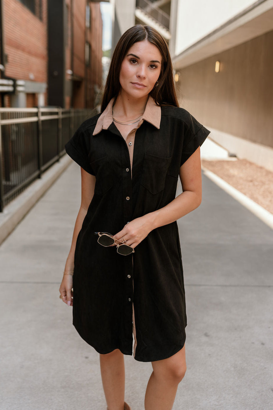 Rachelle Black Twill Suede Contrast Mini Dress - front view