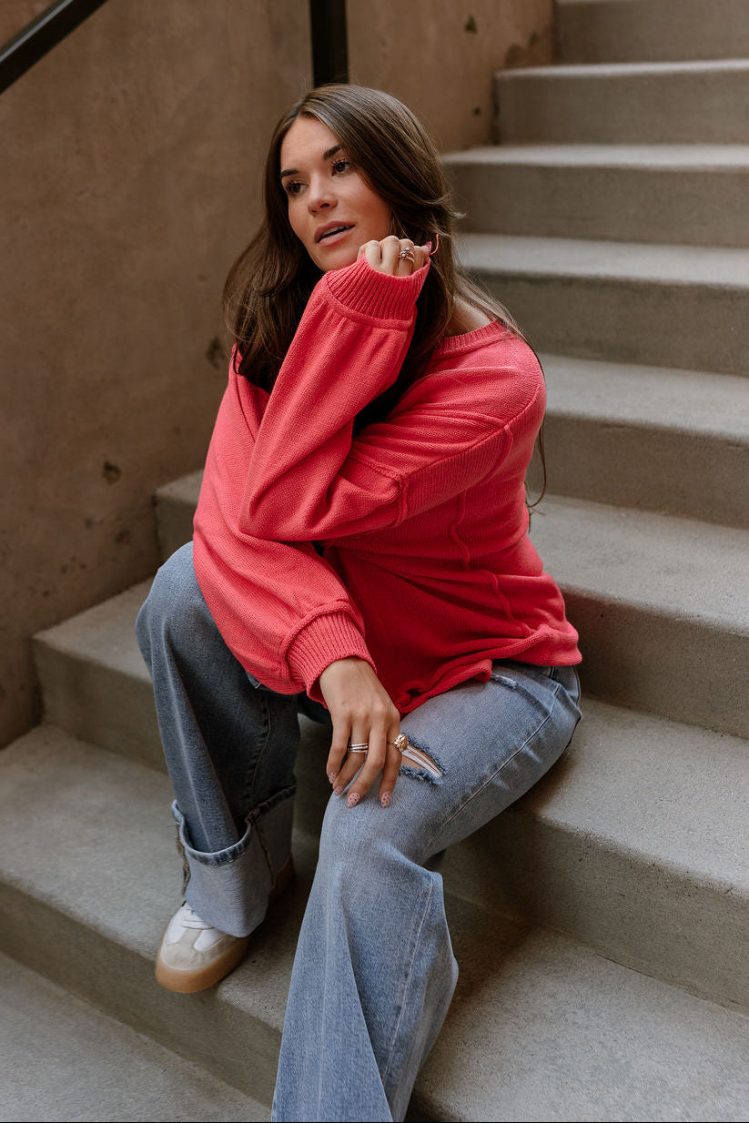 Jeanie Red Coral Balloon Sleeve Sweater - close sitting view