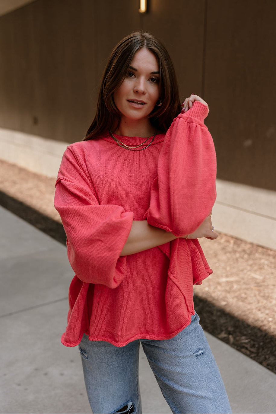 Jeanie Red Coral Balloon Sleeve Sweater - front
