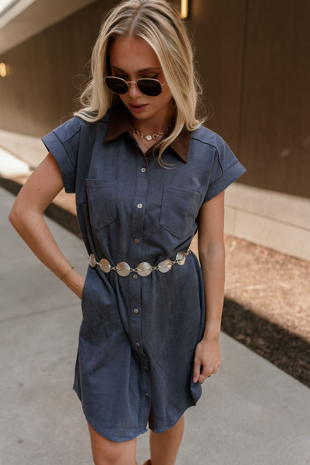 Rachelle Blue Twill Suede Contrast Mini Dress - front 