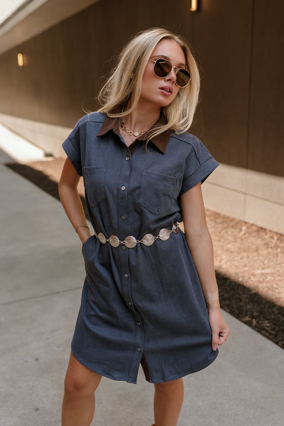 Rachelle Blue Twill Suede Contrast Mini Dress - front view