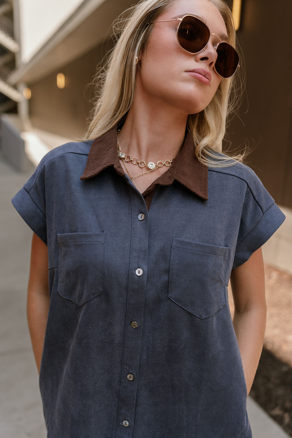 Rachelle Blue Twill Suede Contrast Mini Dress - close up front view