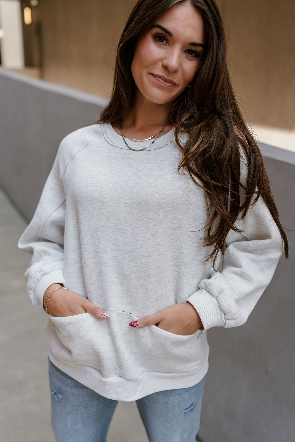 Ellie Heather Grey Pullover Sweatshirt - close front view