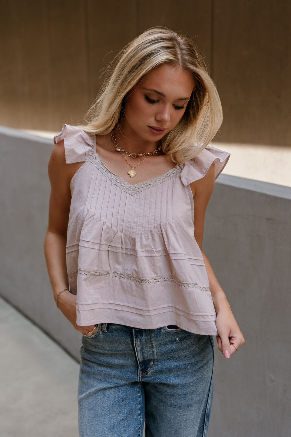 Vivi Dusty Pink Ruffle & Lace Top - front view