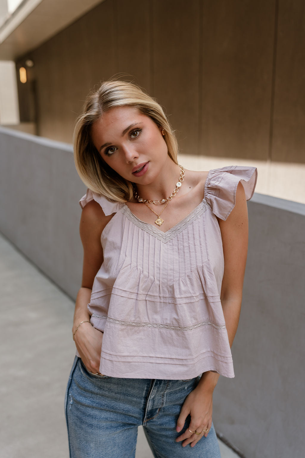 Vivi Dusty Pink Ruffle & Lace Top - front 