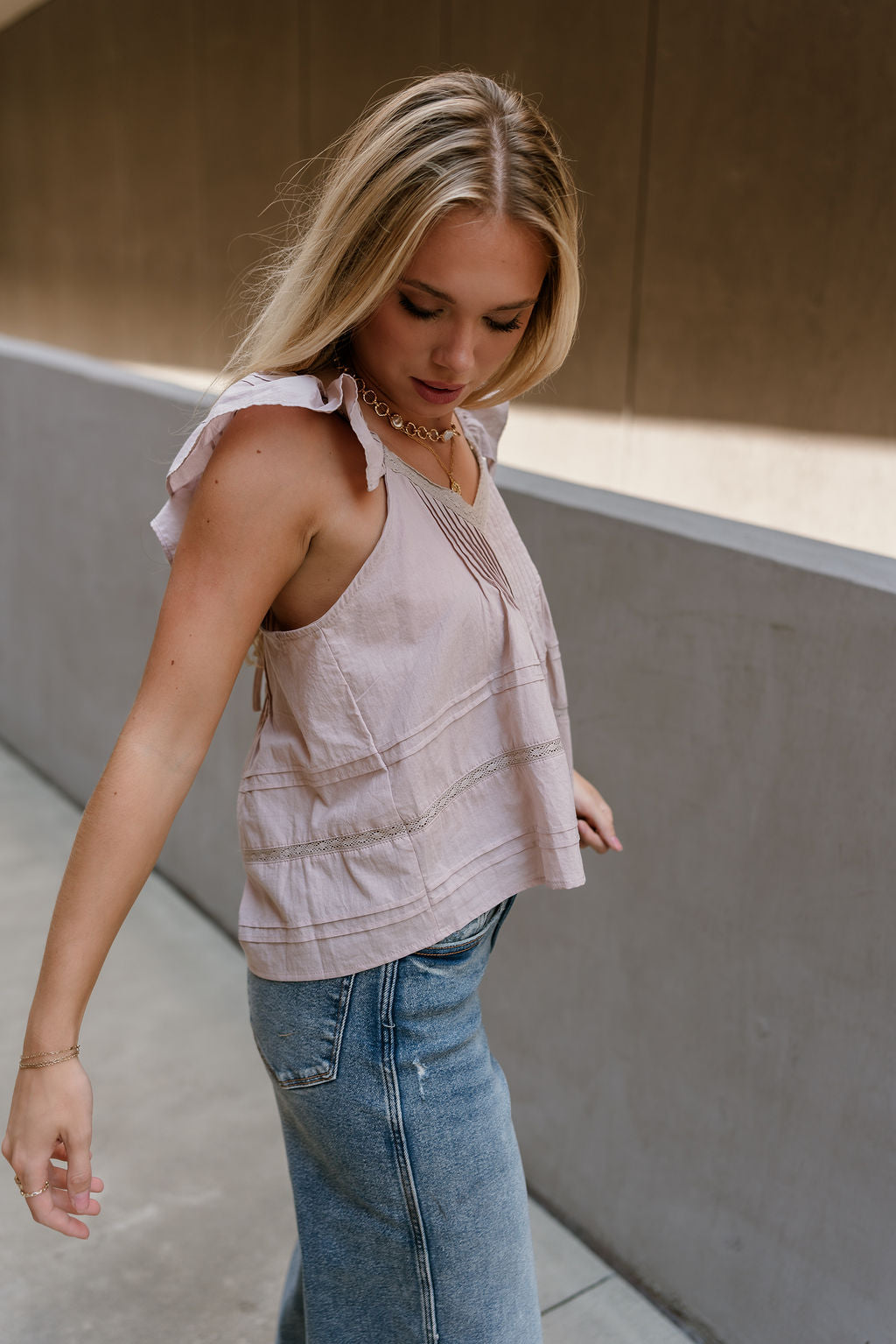 Vivi Dusty Pink Ruffle & Lace Top - side view