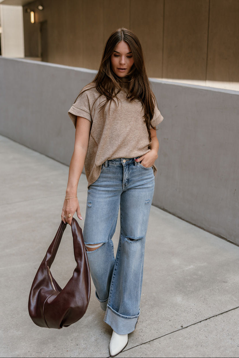 Angelina Taupe Mock Neck Top - full body front view 